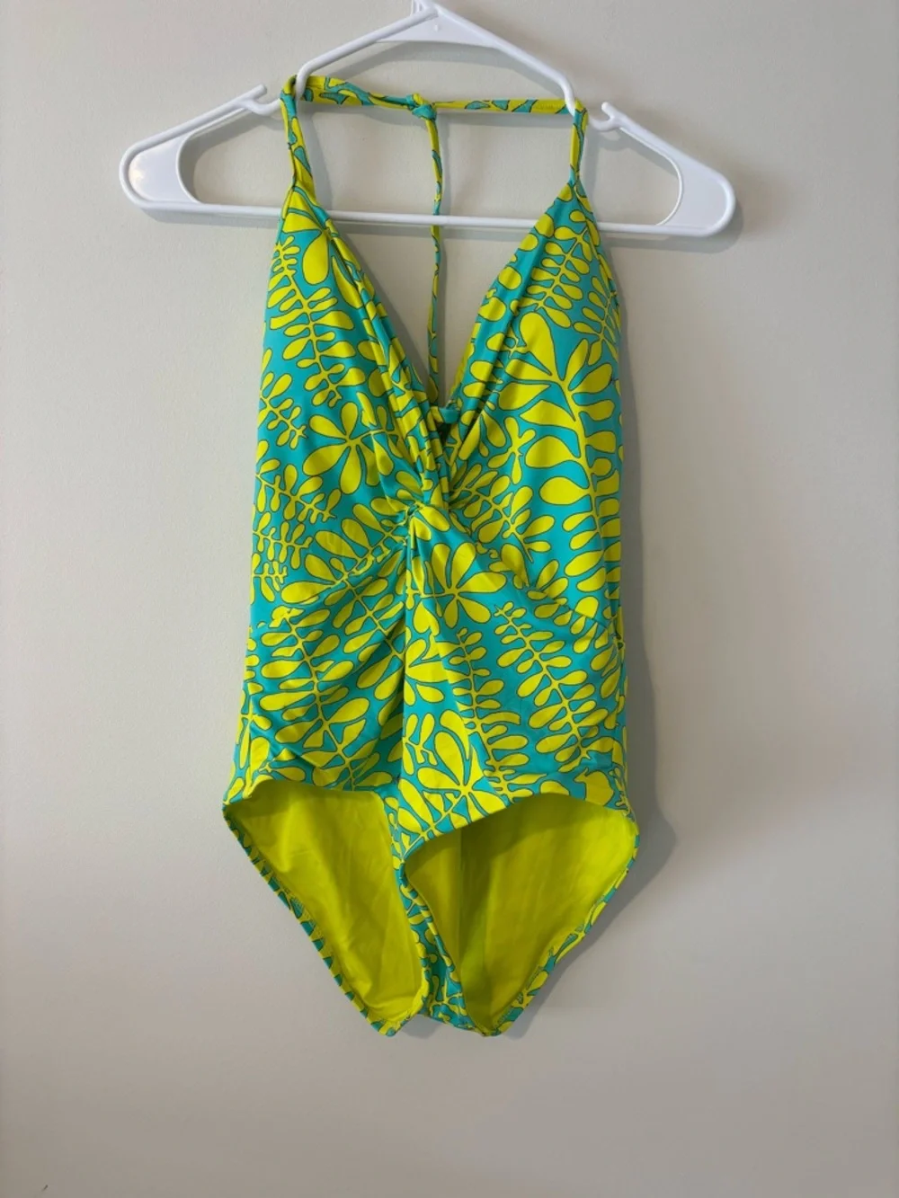 Trina Turk Teal and Lime Yellow Leaf-Print One-Piece Retro Swimsuit Size 10 - Picture 3 of 11